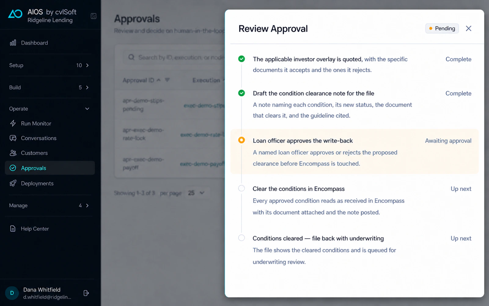 The AIOS approval drawer, paused on "Loan officer approves the write-back — awaiting approval", with completed steps above it and two steps queued up next.