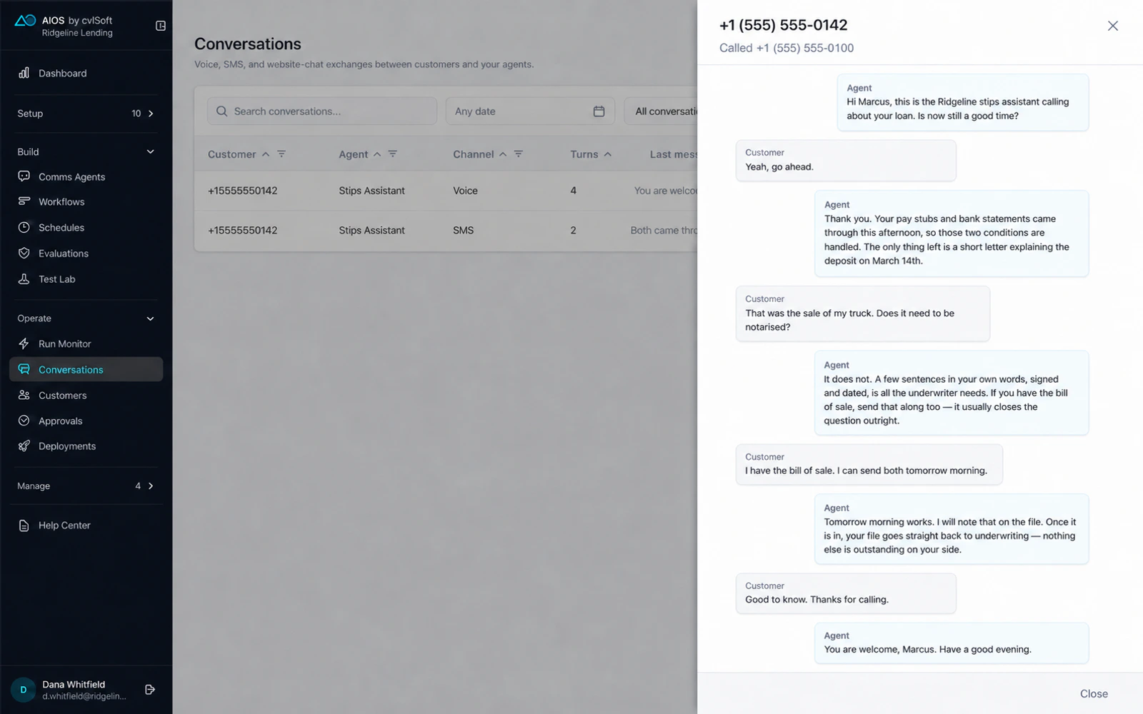An AIOS conversation transcript: the stips assistant and the borrower on a voice call, with both the voice and SMS threads listed behind it.